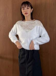FRIFUL 女式拼布蕾丝和蓬松毛衣，秋季女装 - 白色 - 查看 3
