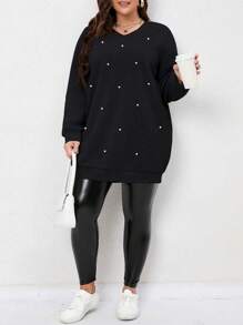 Calvaya Sudadera con cuello redondo y aplicaciones de perlas falsas, ideal para otoño - Negro - Ver 4