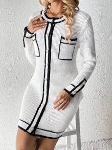 Chiquease Round Neck Long Sleeve Cardigan - Black and White - View 4