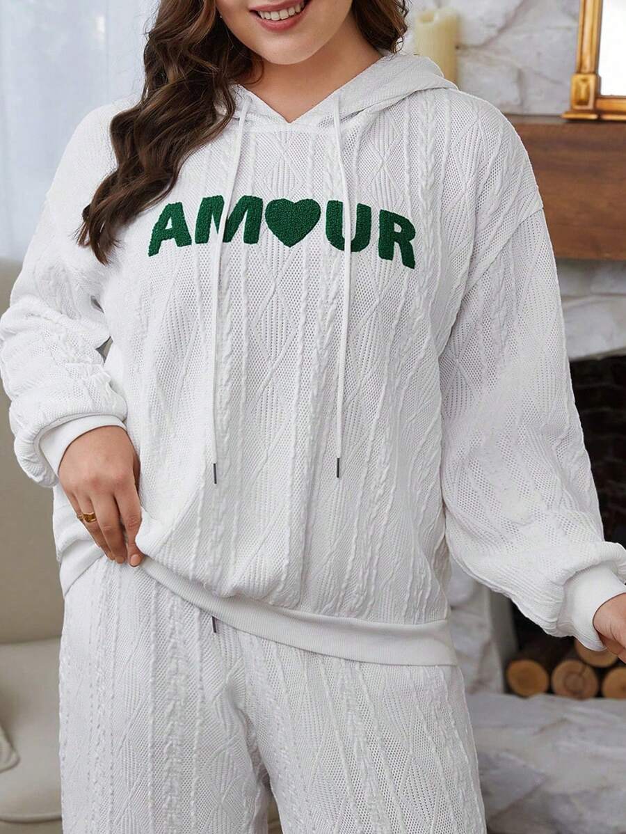 SHEIN Frenchy Women'S Plus  Size Embroidered Drawstring Hooded Sweatshirt