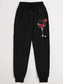 SHEIN EZwear Của phụ nữ Dây rút Chạy bộ Quần Với Ly rượu In Mẫu - màu đen - Xem 5