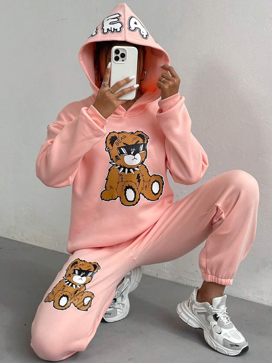 Women's Casual Fashionable Cartoon Bear Printed Hooded Sweatshirt And Pants Set For Family Matching Outfits, Mommy And Me Style (4 Sets Are Sold Separately) - Pink - View 1
