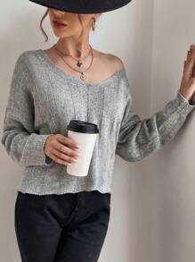 SHEIN LUNE 时尚V领长袖休闲针织套头衫秋冬毛衣 - 灰色 - 查看 1