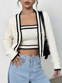 SHEIN Unity Contrast Trim Long-sleeved Cardigan - Beige - View 3