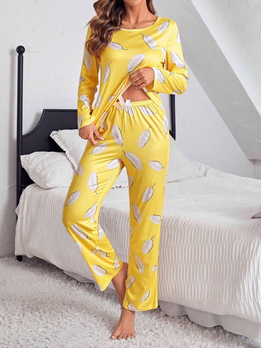 Ladies' Feather Patterned Pajama Set, Fall Winter Clothes - Yellow - View 1
