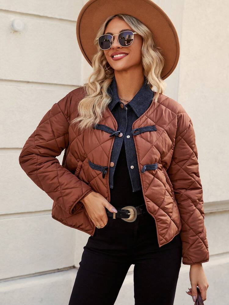 Women's Contrast Color 2 In 1 Drop Shoulder Long Sleeve Padded Padded Coat Clothes Winter Fall Cloth For Women