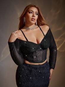 SHEIN ICON Kích thước lớn Dây đeo vai Cắt dán Ngực Cúp Áo thun - màu đen - Xem 3