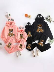 Women's Casual Fashionable Cartoon Bear Printed Hooded Sweatshirt And Pants Set For Family Matching Outfits, Mommy And Me Style (4 Sets Are Sold Separately) - Pink - View 3