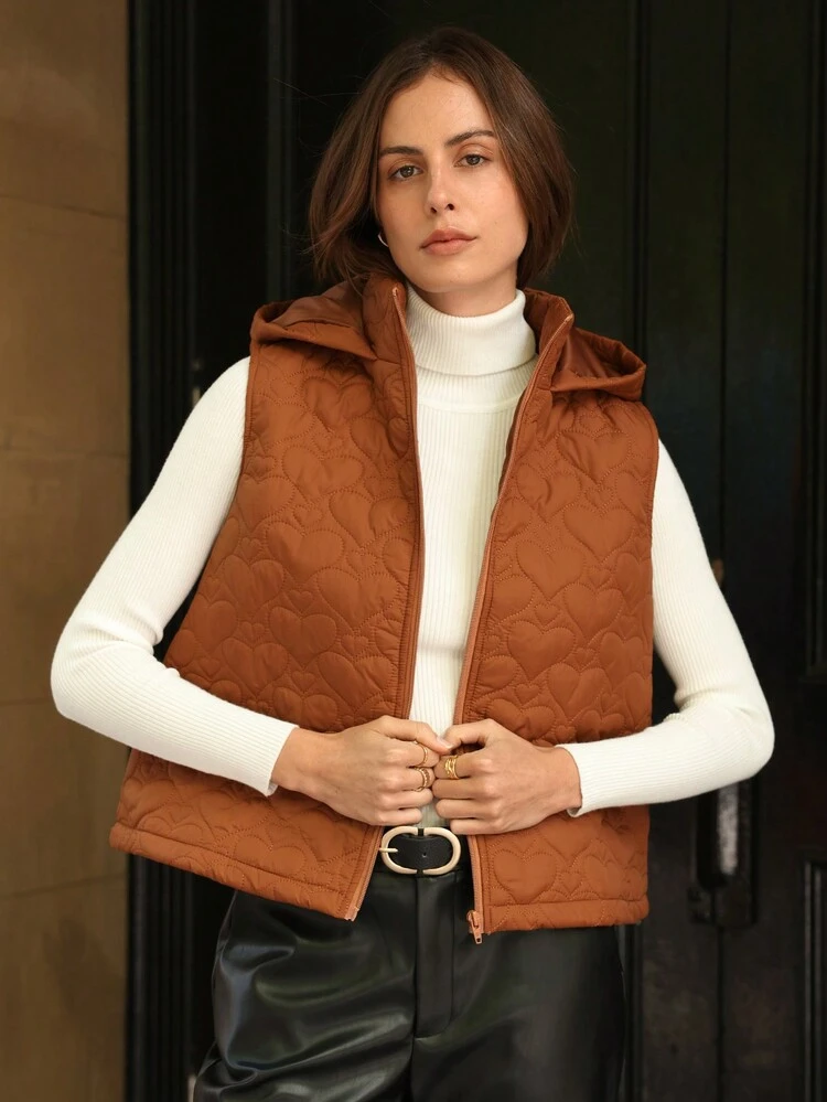 Zip Up Hooded Vest Heart Padded Coat Winter Brown Casual