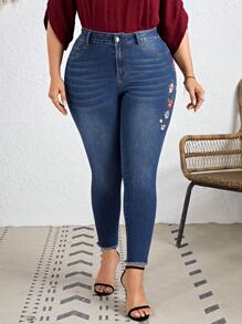 EMERY ROSE 加大码深蓝色高腰紧身弹力舒适侧绣花优雅女士休闲长牛仔裤 - 中等水洗藍 - 查看 3