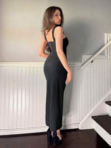 SHEIN Privé Women's Pearl & Diamond Embellished Spaghetti Strap Dress - Black - View 2