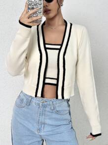SHEIN Unity Contrast Trim Long-sleeved Cardigan - Beige - View 5