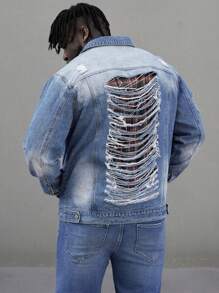 Manfinity Homme Nam Kích thước lớn Denim mùa giặt Rách Áo khoác denim - Màu xanh lam - Xem 3