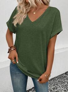 EMERY ROSE Solid Color V-neck Short Sleeve T-shirt - Army Green - View 6