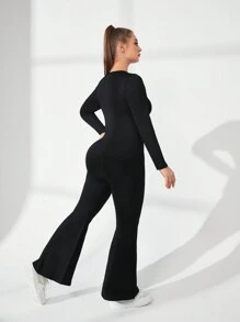 Easithlete Kích thước lớn Của phụ nữ Áo liền quần thể thao Với Quần loe - màu đen - Xem 2