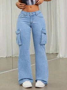 SHEIN ICON 低腰喇叭口裝扮褲 - 中等水洗藍 - 查看 1