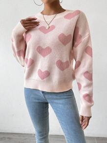 EMERY ROSE Suéter de cuello caído con estampado de corazón, tops de manga larga - Rosa - Ver 6