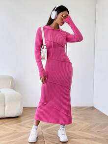 SHEIN EZwear 縫線細節純色連帽連身裙 - 玫紅色 - 查看 3