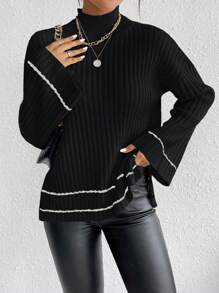 LanaWest 拼色条纹开叉侧立领毛衣，长袖上衣