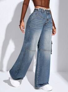 SHEIN Pantalones Cargo De Mezclilla Para Mujer Con Bolsillos - Lavado ligero - Ver 4