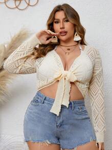 SHEIN Swim Curve Kimino Ukuran Plus Sheer Dasi Depan Plain - Aprikot - View 4