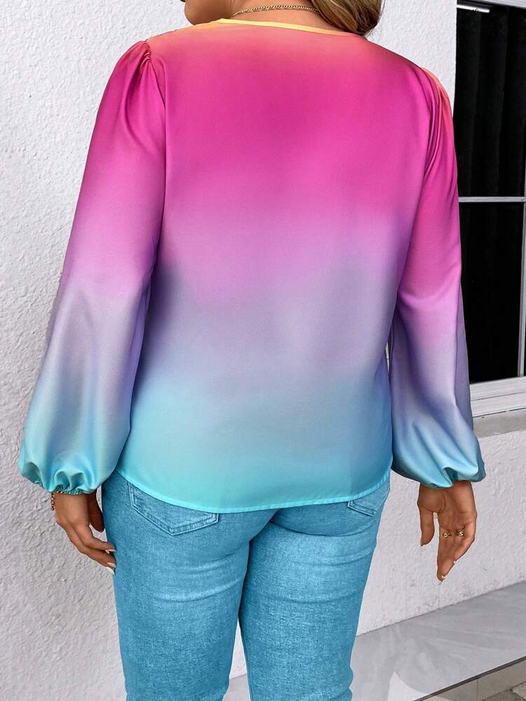 Plus Size Ombre Lantern Sleeve Wrap Blouse