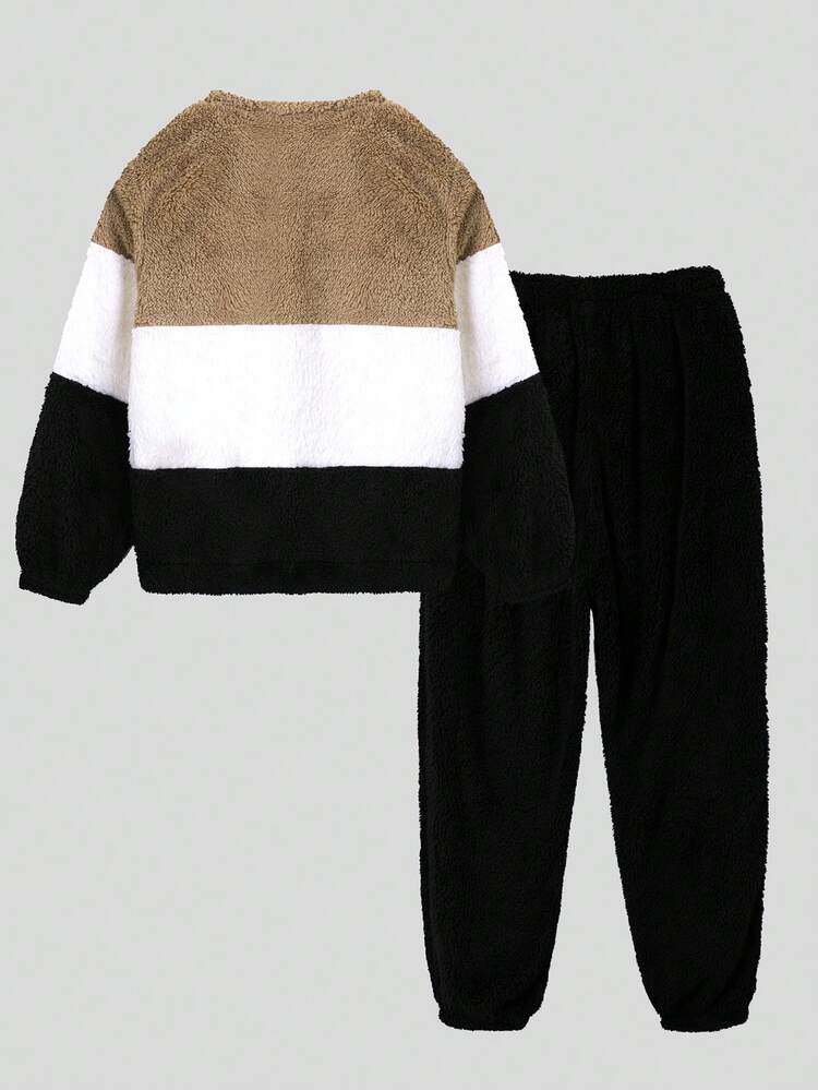 SHEIN Conjunto De Ropa De Casa Para Niños Que Incluye Sudadera Con Peluche De Bloqueo De Color Y Pantalones Largos En Color Sólido, Ideal Para Invierno - Negro - Ver 9