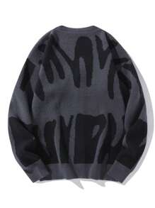 Manfinity EMRG Men's Single Breasted Patterned Cardigan Drop Shoulder Chunky Letter Color Block Dark Grey Urban Fashion Going Out Casual Cardigan, For Husband, Boyfriend Gifts, Fall/Winter, Long Sleeve Top - Dark Grey - View 2