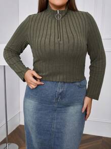 SHEIN Essnce Plus Size Women'S Zipper Front Ribbed T-Shirt - Army Green - View 5