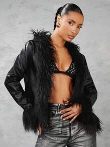 SHEIN BAE Women's Patchwork Pu Leather Jacket - Black - View 1