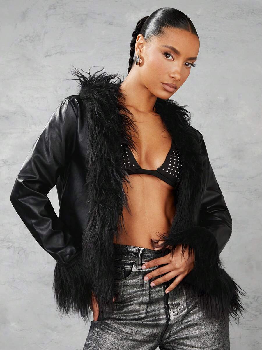 SHEIN BAE Women's Patchwork Pu Leather Jacket - Black - View 1