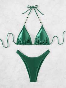 Swim SXY Summer Beach Women's Metallic Texture Halter Neck Bikini Set - Green - View 6
