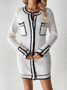 Chiquease Round Neck Long Sleeve Cardigan - Black and White - View 1