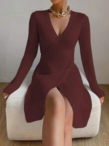 Chiquease Cross Wrap Ribbed Knit Sweater Dress - Burgundy - View 1