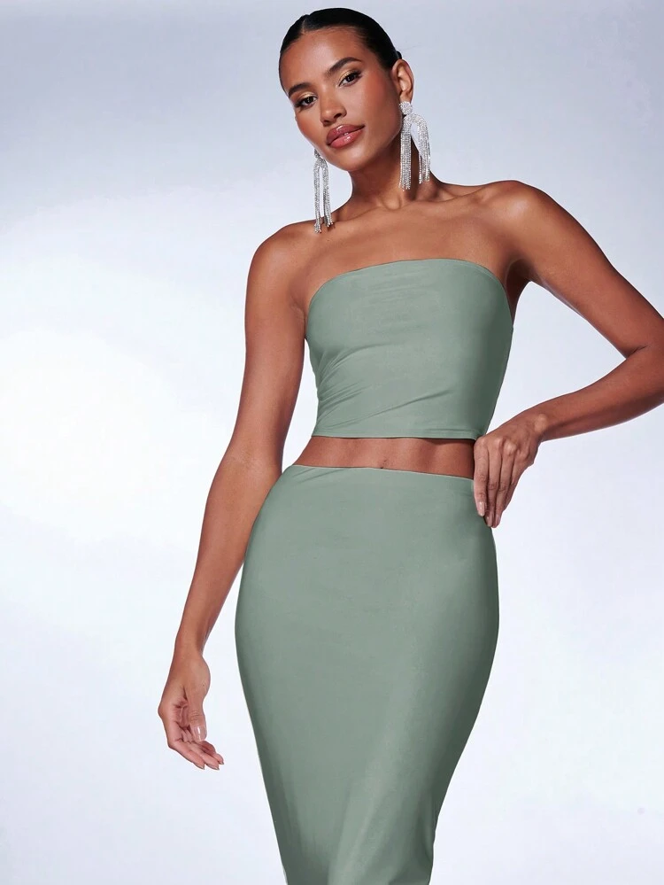 Women's Solid Color Tube Top And Skirt Two-piece Set