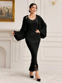 Modelyn 2pcs/Set Patchwork Edge Detail Bodycon Dress And Knitted Cardigan 2 Piece Set - Black - View 5