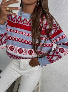 SHEIN LUNE 休閒幾何圖案印花圓領套頭毛衣 - 彩色 - 查看 4