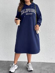 SHEIN LUNE 大尺碼文字印花連帽衛衣連身裙 - 藏蓝色 - 查看 3