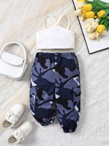 SHEIN 嬰兒女孩實色背帶褲和迷彩工裝套裝 - 彩色 - 查看 9