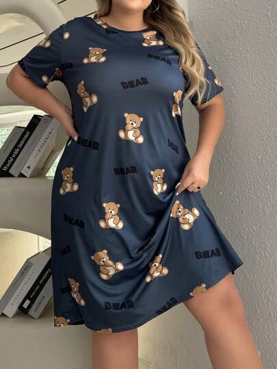 Snug Zone Plus Size Women's Short Sleeve Sleep Dress Pajama Dress With Bear And Letter Print, Moo Moo Night Dress