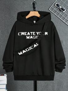 SHEIN 男童青年寬鬆版型連帽運動衫,附字母印花,附配套背包 - 黑色 - 查看 1