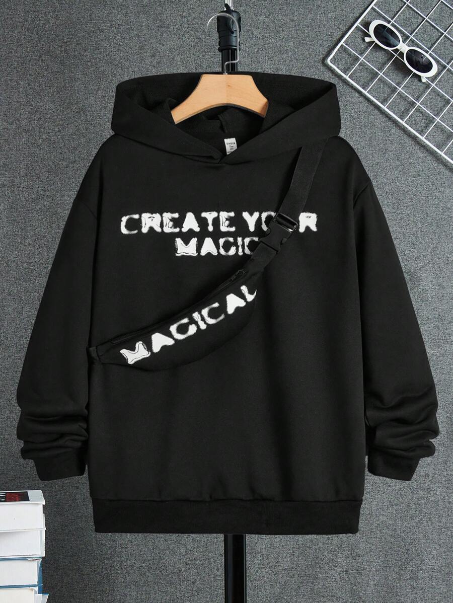 SHEIN 男童青年寬鬆版型連帽運動衫,附字母印花,附配套背包 - 黑色 - 查看 1