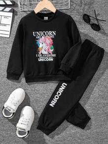 SHEIN 年轻女孩卡通印花休闲两件套 - 黑色 - 查看 1