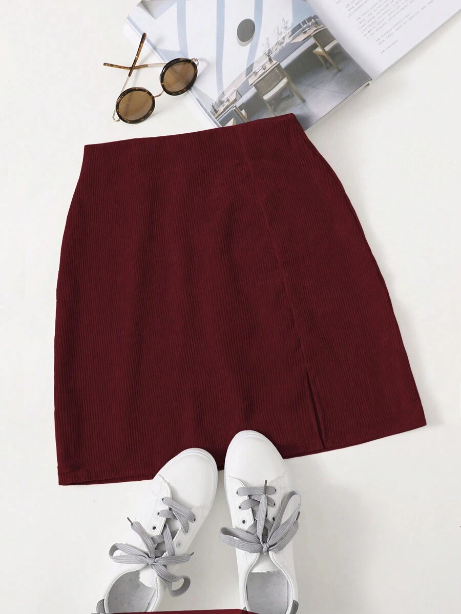 Chiquease 酒红色灯芯绒开衩裙 - 酒紅色 - 查看 1