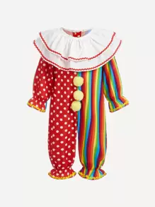 SHEIN Baby Girls' Polka Dot Romper With Ruffled Hem & Interesting Clown Print And Hat - Multicolor - View 1