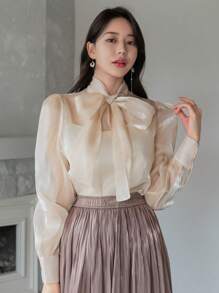 DAZY 1件女士商务休闲纯色缎带领衬衫，秋季长袖上衣外出上衣 - 香檳色 - 查看 7