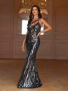SHEIN Belle One Shoulder Sequin Mermaid Hem Evening Dress - Black - View 5
