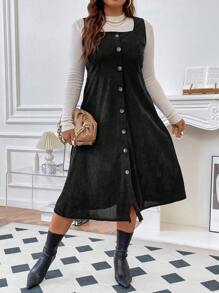 Franclia Plus Size Solid Corduroy Dress With Front Buttons