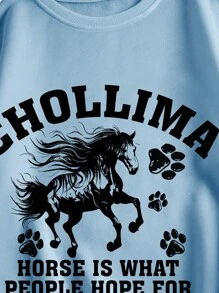 SHEIN LUNE 女士馬標誌印花極柔毛綿拉鍊衛衣 - 淺藍色 - 查看 8