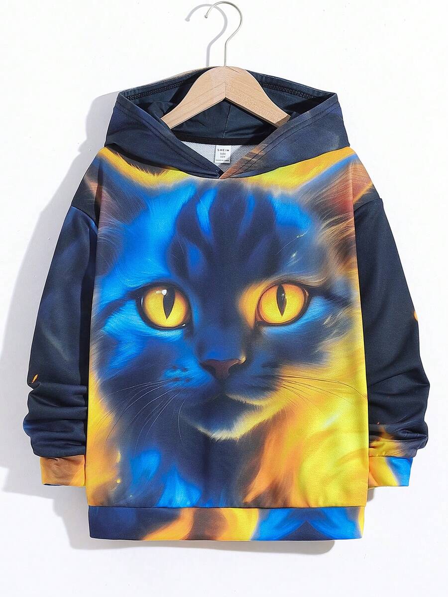 SHEIN 青少年男童休闲猫咪印花宽松针织卫衣，带袋鼠口袋 - 黑色 - 查看 1